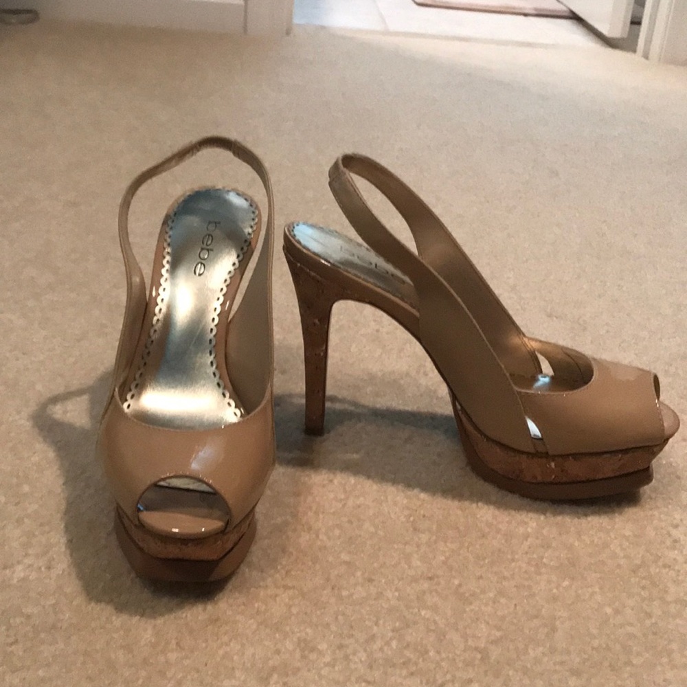 Bebe Zahara Cork Platform slingback heels